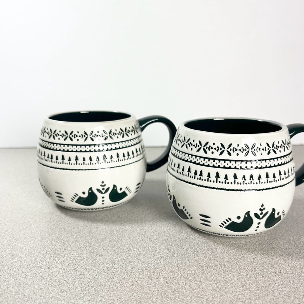 Hearth & Hand Magnolia Nordic Christmas Birds Green Fair Isle Mugs-Set of 2 cups